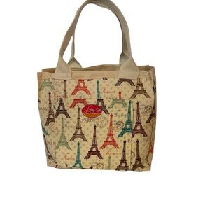 Beige Canvas Tote with Multicolor Eiffel Tower Motif